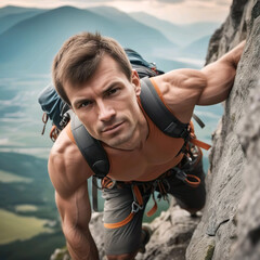 Hombre escalador musculoso escalando una alta montaña  - obrazy, fototapety, plakaty