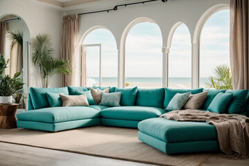 Living room interior, Modern living room, Fabric sofas with turquoise pillows, Coastal home interior design of seaside house