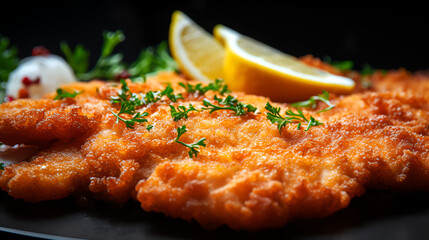 wiener schnitzel breaded and fried veal cutlet delicious food - obrazy, fototapety, plakaty