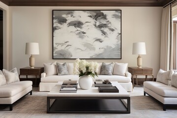 Spacious living room with a large painting of dolphins swimming in the ocean on the wall. The white couch, two chairs, and coffee table provide a comfortable seating area