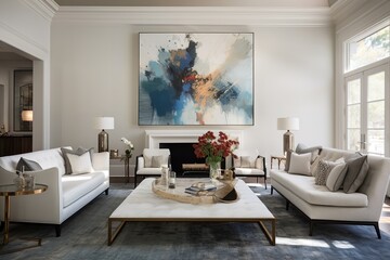 A large abstract painting hangs above a fireplace in a modern living room, adding a touch of color and sophistication to the space.