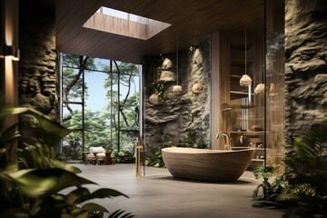A luxurious bathroom with a wooden bathtub and a waterfall view. The bathtub is the centerpiece of the room, with its sleek design and natural wood finish.