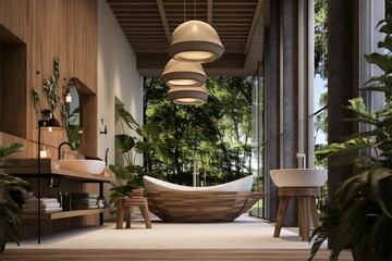 A serene bathroom with a wooden bathtub and a breathtaking view of a lush forest. The bathtub is the centerpiece of the room, with its natural wood finish and inviting curves.