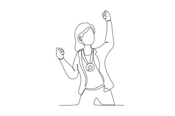 Continuous one line drawing the best female employee is with her medal. Single line draw design vector illustration
