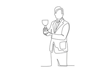 Continuous one line drawing the best male employee is holding a trophy. Single line draw design vector illustration
