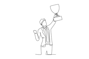 Continuous one line drawing the best male employee is lifting the trophy with one hand. Single line draw design vector illustration
