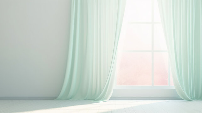 panoramic window with transparent light green mint shade curtains, background copy space