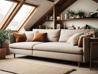 Fototapeta premium Modern living room, Living room interior, Corner sofa against shelving unit, Scandinavian home interior