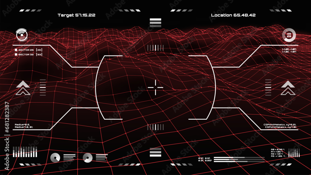Poster Military HUD target aim control and radar screen, futuristic dashboard. Sci Fi spaceship gun crosshair vector virtual display. Pilot viewfinder futuristic dashboard frame or game UI target aim screen