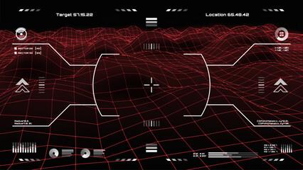 Military HUD target aim control and radar screen, futuristic dashboard. Sci Fi spaceship gun crosshair vector virtual display. Pilot viewfinder futuristic dashboard frame or game UI target aim screen - obrazy, fototapety, plakaty