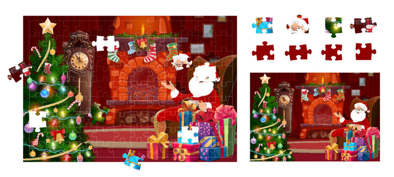Jigsaw puzzle game pieces, Christmas Santa in chair near holiday fireplace and decorated pine tree in vector. Kids jigsaw puzzle to match and fit picture with Christmas tree and fireplace with socks