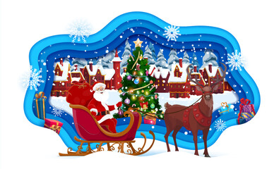 Christmas paper cut greeting card. Winter town landscape with Santa on sleigh. Vector 3d layered wavy frame with Noel sitting in deer sled front of the decorated pine tree and cottages at xmas eve
