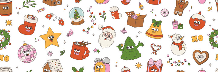 Merry Christmas and Happy New seamless pattern. Tree, Santa Claus, gingerbread, sweets, wreath, garland, gifts, balls, bell of trendy retro mascot style. Happy groovy cartoon elements.
