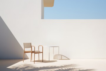 Two chairs and a table set against a white wall, creating a simple and inviting space for conversation or relaxation.