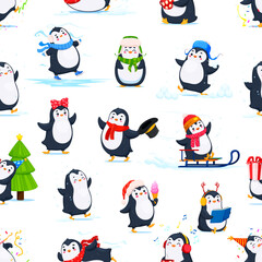 Cartoon cute funny penguin characters seamless pattern. Textile or Christmas wrapping paper vector backdrop with penguin happy personages reading book, dancing, listening music and playing snowballs