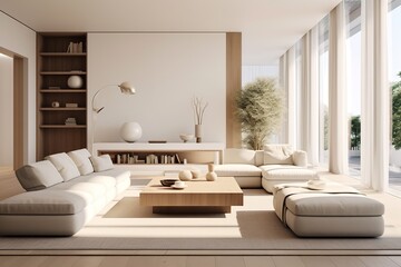 Inviting modern living room with a grey couch, coffee table, and rug, creating a warm and welcoming atmosphere. The couch is large and comfortable