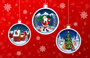 Christmas paper cut baubles with holiday characters Santa Claus carry tree, panda, deer and fox in forest and snowy town. Double exposition 3d vector effect frames in shape of hanging Xmas toys © Vector Tradition