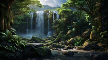 rendered cascading waterfall in a verdant rainforest  AI generated illustration
