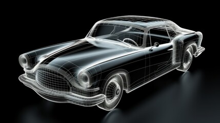 Naklejka premium wireframe model of a car rotating and rendered on a white backdrop AI generated illustration
