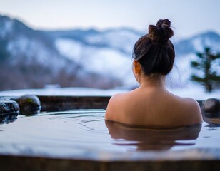  雪景色のきれいな温泉に浸かっている日本人女性の後ろ姿
 - obrazy, fototapety, plakaty