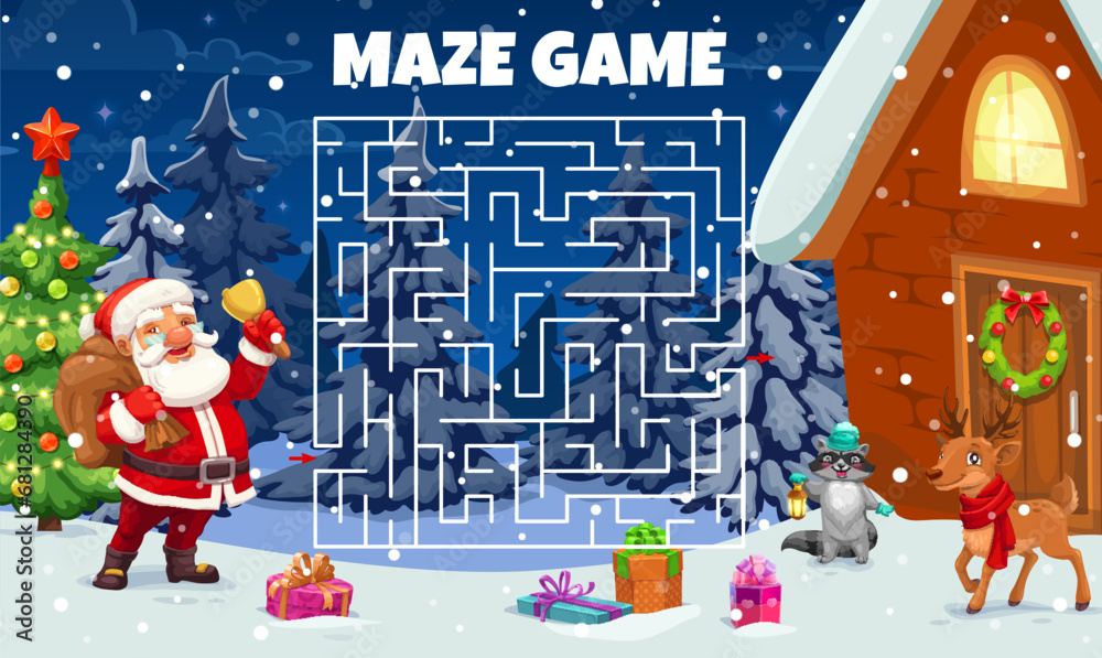 Poster christmas labyrinth maze. kids vector worksheet, board game help santa claus find correct way to hou