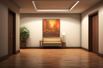 Inviting hallway with a comfortable bench and a beautiful painting on the wall, providing a warm and welcoming space to relax and unwind. The bench is the perfect place to sit and read a book
