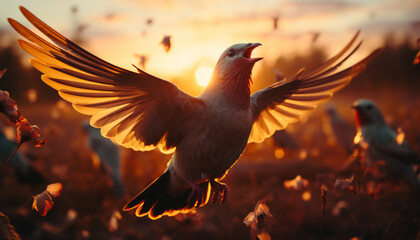 Fototapeta premium Pigeon beak spreads wings, soaring in tranquil sunset generated by AI