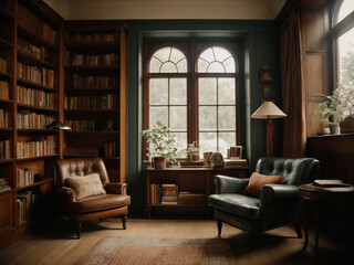Fototapeta premium Modern living room, A cozy room with a window, a chair and a book shelf, Room with library