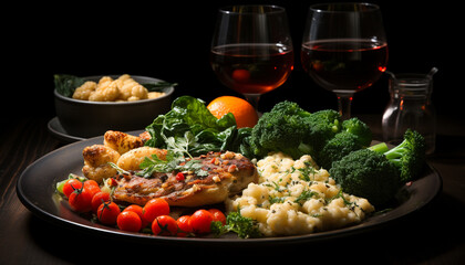 Grilled meat, fresh vegetables, healthy meal on plate generated by AI