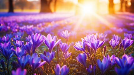 Beautiful crocus flowers in the park at sunset. Spring landscape.