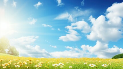 Fototapeta premium field of daisies and blue sky with clouds, nature background