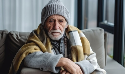 An elderly man in a hat and blanket is freezing on the sofa in the apartment. Concept of heating and cost of housing services.