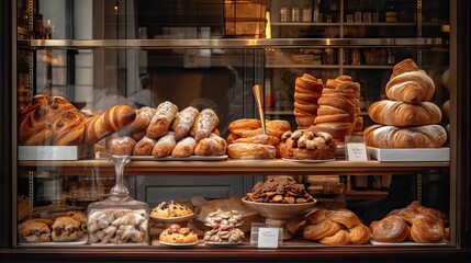A bakery window display filled with delicious breads of all shapes and sizes, enticing passersby with its variety and appeal. Generative AI. - obrazy, fototapety, plakaty