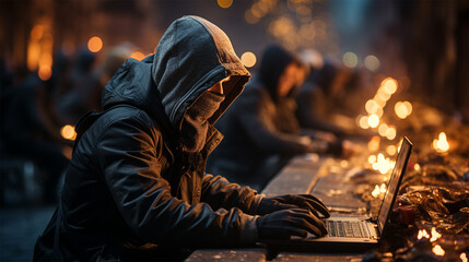 a man in a jacket with a hood and a closed face, sitting at a table and working on a laptop on the...