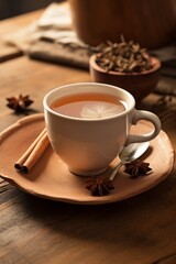 close-up of a mug of chai tea steeping on a wood table  AI generated illustration