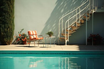 Enticing poolside scene with a comfortable chair and table set next to the sparkling blue water, creating an idyllic setting for relaxation and indulgence