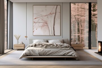 Striking bedroom with inviting bed, soft rug, and large abstract painting above bed, creating a bold and stylish statement. The painting's vibrant colors and dynamic brushstrokes