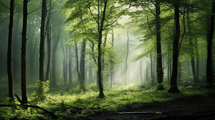 misty landscape in a fresh green spring forest,  trunks of green trees in the mist of the forest morning coolness