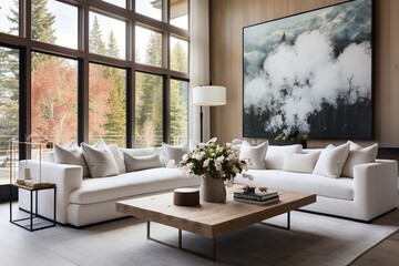 Cozy living room with large abstract painting on the wall, inviting relaxation and creativity.