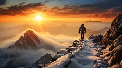 Papier Peint photo Cappuccino figure of a man on the way to a mountain peak at dawn, against the background of an incredible rocky landscape in dawn colors, the concept of the path to success, achievement in business
