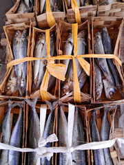close up of a pile of dried fish on the market