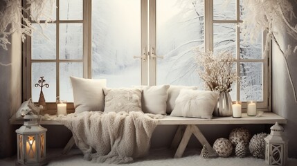 comfy window seat with a view of a peaceful winter scene  AI generated illustration - obrazy, fototapety, plakaty