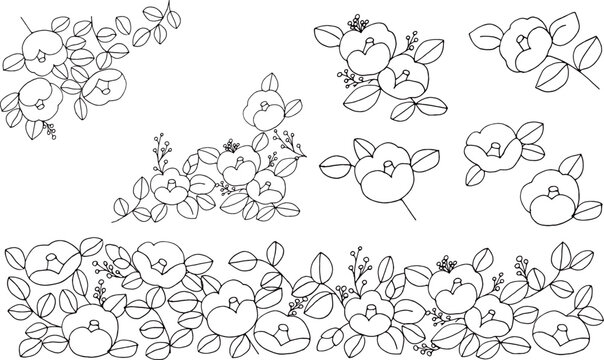 椿の線画イラスト。年賀状用和風の椿ベクターイラスト。椿の和風フレーム。Line drawing illustration of camellia. Japanese camellia vector illustration for New Year greeting cards. Japanese style frame of camellia.