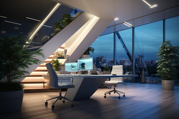 Sleek and modern living room with inviting sofa, coffee table, and large city view window, creating...