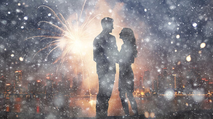 Obraz premium silhouette of a couple in love on the background of Christmas fireworks, abstract blurred background snowflakes winter holiday, newlyweds copy space blank