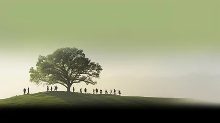 Poster tree of life, green nature background, landscape with a large tree with a sprawling large green crown and a group of people nearby, a row of silhouettes. eco concept nature protection © kichigin19
