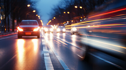 highway, speed blurred car background, tracks from the headlights, urban rhythm city nightlife, twilight traffic on the road