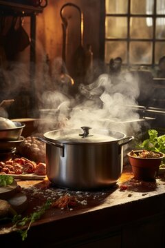 cozy kitchen with steam rising from a pot of stew  AI generated illustration