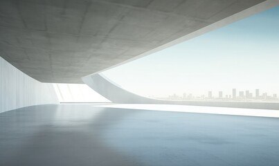 Abstract empty concrete interior with city view and blue sky.