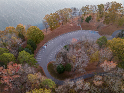 aerial view of a parking lot on a shore of the Tennessee River - Colbert Ferry Park, Natchez Trace Parkway